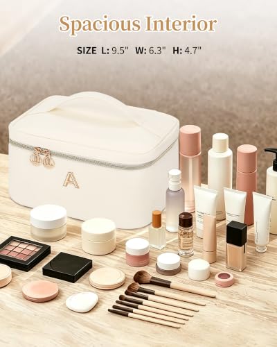 Custom Cosmetic Bag for Women Vacation Weekend Trips & Everyday Use Beige Y | Initial Large Travel Cosmetic Case for Women with Metal Letter Design, Spacious Toiletry Organizer with Divider & Handle - size: Y