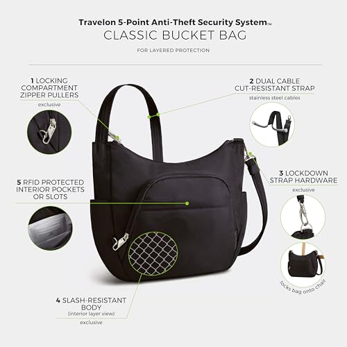 Travelon Anti-theft Classic Crossbody Bucket Bag - color: Black