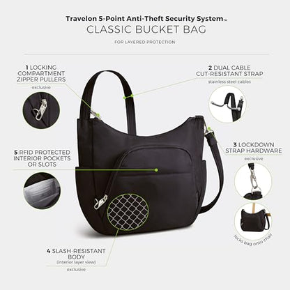 Travelon Anti-theft Classic Crossbody Bucket Bag - color: Black