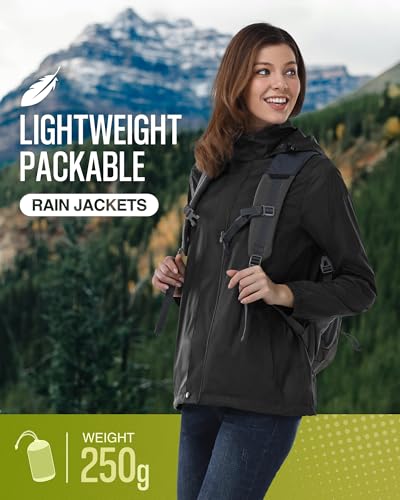 33,000ft Women's Rain Jacket Waterproof Lightweight Packable Raincoat - color: Black, size: Medium
