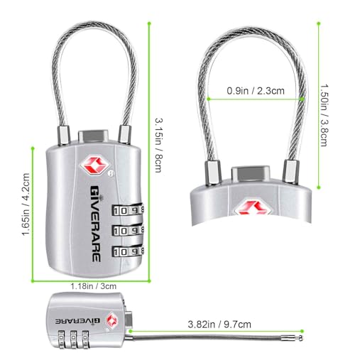 GIVERARE 2 Pack TSA Approved Luggage Locks, Combination Travel Cable Lock, Re-settable 3-Digit Padlocks with Alloy Body, Keyless TSA Padlock for Gym Locker, Golf Bag Case-Silver - color: 2 pack Silver