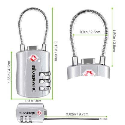 GIVERARE 2 Pack TSA Approved Luggage Locks, Combination Travel Cable Lock, Re-settable 3-Digit Padlocks with Alloy Body, Keyless TSA Padlock for Gym Locker, Golf Bag Case-Silver - color: 2 pack Silver