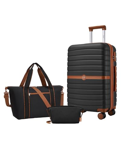 Kono Luggage Sets 3 Piece, Expandable 24 Inch Luggage with Spinner Wheels, Lightweight & Anti-Scratch PC+ABS Hardshell Travel Rolling Suitcase Medium Checked Luggage with Tote Bag, Black/Brown - color: Black/Brown, size: 3 Piece Set (24/Db/Tb)