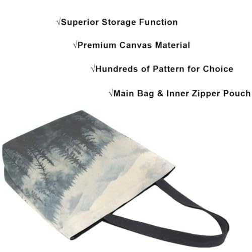 Stylish Foggy Mountains Trees Black White Large Canvas Long Handle Tote Bag - style: Multi-mountain