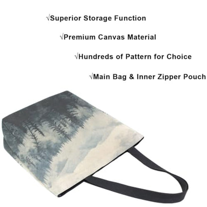 Stylish Foggy Mountains Trees Black White Large Canvas Long Handle Tote Bag - style: Multi-mountain
