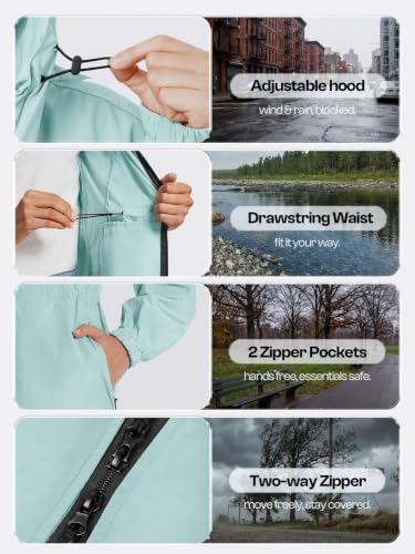 SaphiRose Women's Long Packable Rain Jacket with Hood Waterproof Raincoat - color: Light Green, size: Small