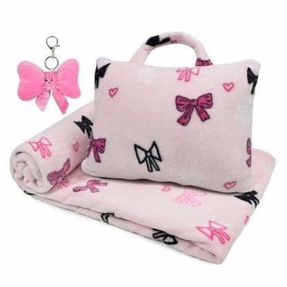 3-in-1 Kids Travel Blanket and Pillow Set - color: Pink Bow