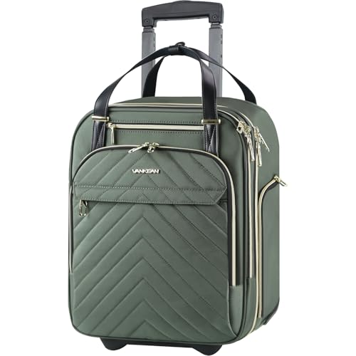 VANKEAN 16" Underseat Rolling Suitcase Travel Business Lightweight - color: Gold Army Green