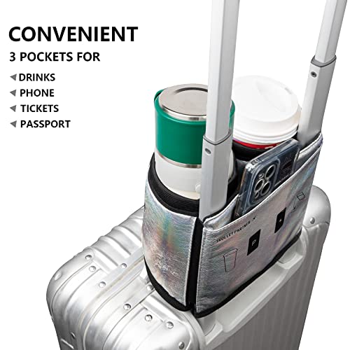 riemot Luggage Travel Cup Holder Free Hand Drink Carrier - Hold Two Coffee Mugs - Fits Roll on Suitcase Handles - Gifts for Flight Attendants Travelers Accessories Glitter Silver - color: Hook & Loop: Glitter Silver