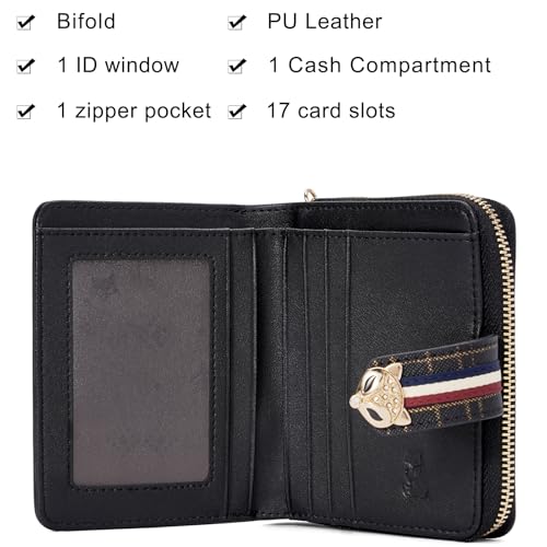 FOXLOVER Genuine Leather Zip Small Wallet Women RFID Blocking Credit Card Bifold Wallet Business Card Holder with ID Window(Black) - color: 03-Black