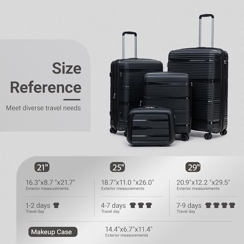 Rosamo 4 Piece PP Hardside Expandable Luggage Set - Lightweight 29/25/21/16 Inch Spinner Suitcase with TSA Lock & Telescoping Handle, Durable Travel Luggage - color: Black
