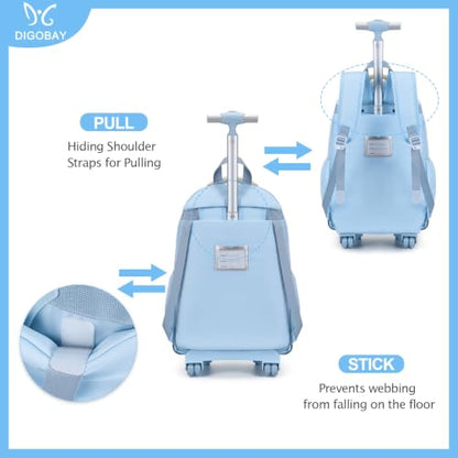 DIGOBAY Rolling Backpack for Girls 3PCS with Lunch Bag Pencil Case - color: Blue