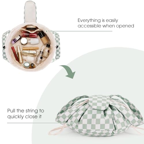 Narwey Lay Flat Drawstring Makeup Bag, Travel Toiletry Cosmetic Bag Women - color: Z-Mint Green Checkerboard