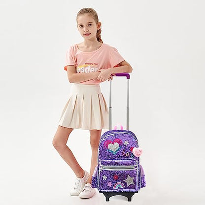 Meetbelify Girls Rolling Backpack Sequin Rolling Backpacks with Wheels for Girls for Elementary School Bag - color: A Purple Love