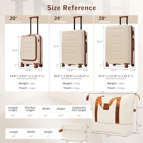 Merax Luggage Sets 5 Piece Front Open,Lightweight Expandable Luggage - color: White&Brown(20 top-open), style: 3-piece Set(20/24/28)