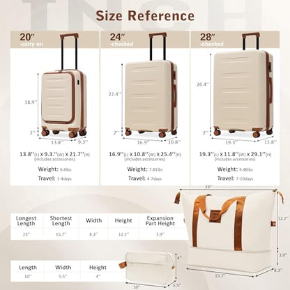 Merax Luggage Sets 5 Piece Front Open,Lightweight Expandable Luggage - color: White&Brown(20 top-open), style: 3-piece Set(20/24/28)