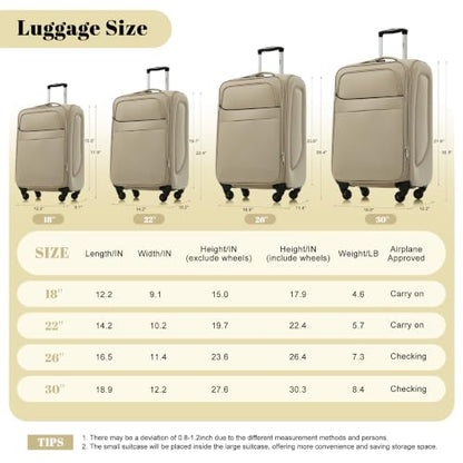 Merax 4-Piece Luggage Set 18/22/26/30,Softside Spinner Suitcase,Khaki - color: Khaki(18/22/26/30)