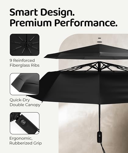 Windproof Travel Umbrella - Compact & Withstands Winds up to 100MPH, Strongest Premium Auto Folding Umbrella for Rain and Sun - Durable, Light & Portable for Women & Men, Fits Backpack & Cars - color: Black 2-Pack