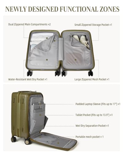 Timeet Carry On Luggage, 20 Inch Airline Approved Matte PC Hard Shell Suitcase with Front Open Compartment, TSA008 Lock, Built-in USB Charging, Lightweight Silent Spinner Wheels, Olive Green - color: Olive Green, size: 20 inch front open