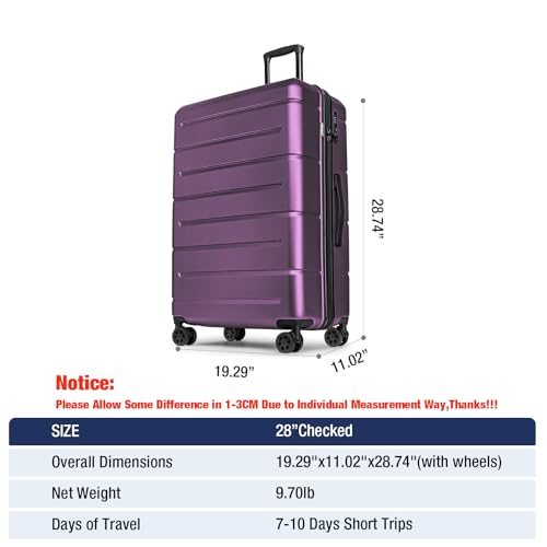 KYME Large Suitcases with Wheels Hardshell 28 Inch Luggage TSA Approved Big Checked Luggage Durable Travel Rolling Suitcase for Women Dark Purple - color: Dark Purple, size: Checked-Large 28-Inch