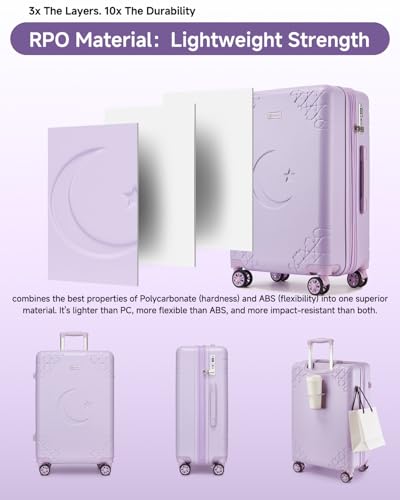 Somago Expandable 2-Piece Luggage Sets 20"/24" Suitcases with Shock-Absorbing Braking Spinner Wheels Moon Star Design Hard Shell Suitcase with Cupholder TSA Lock (Light Purple,Expandable 20/24 Inch) - color: Light Purple, size: Expandable 2-Piece Set(20/2