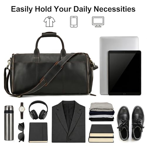 Men's Full Grain Leather Carry On Garment Duffle Suit Travel Bag - color: Dark Brown