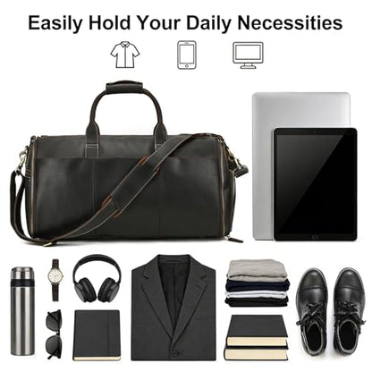 Men's Full Grain Leather Carry On Garment Duffle Suit Travel Bag - color: Dark Brown