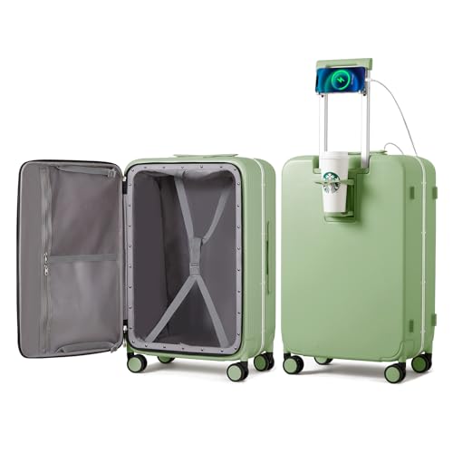 mixi Checked Luggage with Cup Phone Holder and Charger Hard Shell Suitcases with Spinner Wheels, 24 Inch Avocado Green - color: Avocado green, size: 24-inch