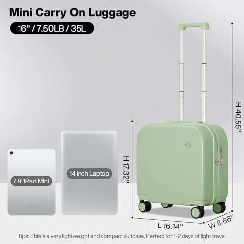 mixi Carry on Luggage, Suitcase with Spinner Wheels 16in Luggage Hardshell Lightweight Rolling Suitcases PC with Cover & TSA Lock, Avocado Green - color: Avocado Green, size: 16 Inch