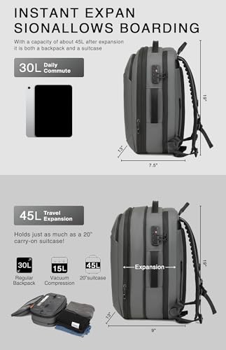 45L Travel Backpack with Vacuum Compression System Fits 16" Laptop | Expandable Carry On Backpack with Pump, Water Resistant, TSA Lock, Vacuum Backpack for Travel & Business - color: Gray B