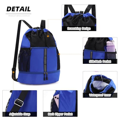 Valleycomfy Drawstring Gym Bag Sports Backpack With Shoe Compartment Blue - color: Royal Blue