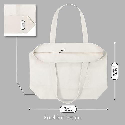 TOPDesign 1-Pack Canvas Tote Bag with an External Pocket, Reusable Grocery Shopping Bag, Top Zipper Closure, Daily Essentials (Natural) - color: Natural