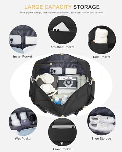 Weekender Bags for Women, Carry On Travel Duffle Bag with Shoe Compartment - color: A- Black