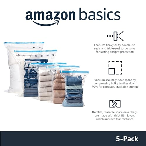 Amazon Basics Vacuum Storage Bags, Compression Space Saving for Clothes and Linens, Reusable with Hand Pump, Large, Clear, 5 Count (Pack of 10) - size: Large (Pack of 10)