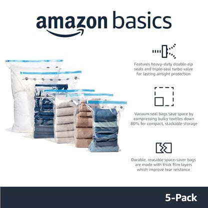 Amazon Basics Vacuum Storage Bags, Compression Space Saving for Clothes and Linens, Reusable with Hand Pump, Large, Clear, 5 Count (Pack of 10) - size: Large (Pack of 10)