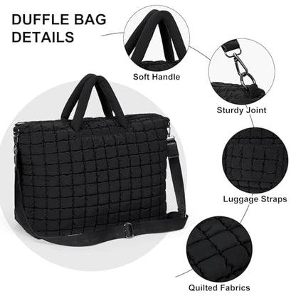 Quilted Duffle Bag for Travel, Large Puffer Duffel Weekender Bags Soft Gym Tote, Big Puffy Carry on Luggage Overnight - color: Black