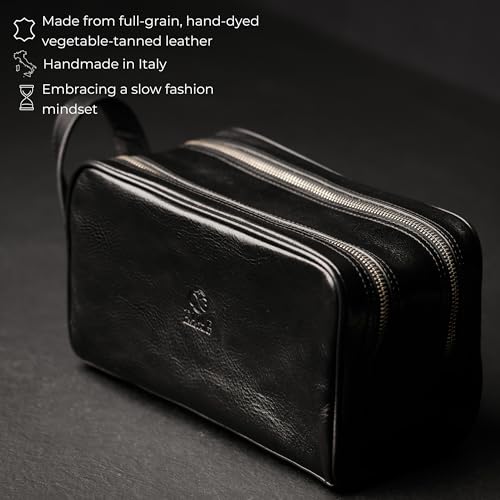 Time Resistance Leather Cosmetic Bag - Italian Toiletry Dopp Kit (Black) - color: Black