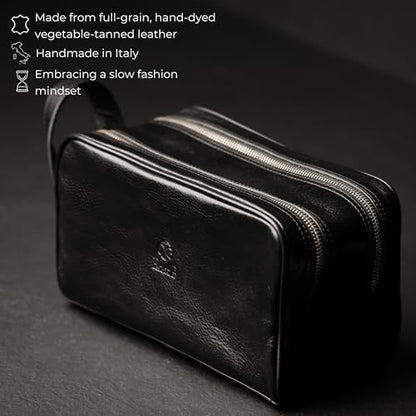 Time Resistance Leather Cosmetic Bag - Italian Toiletry Dopp Kit (Black) - color: Black