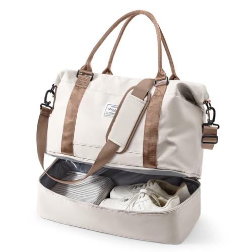 Travel Duffel Weekender Bag Women Tote Carry On Bags With Shoe Compartment - color: H8-BeigeBrown, size: Large