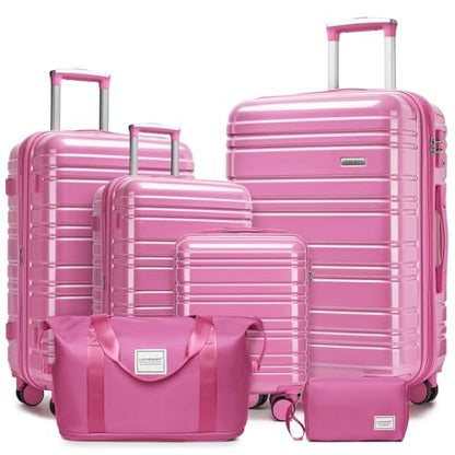 LARVENDER Luggage Sets 6 Piece Expandable Suitcases Set, Glossy Berry - color: Glossy Berry-6PC, size: Family Set