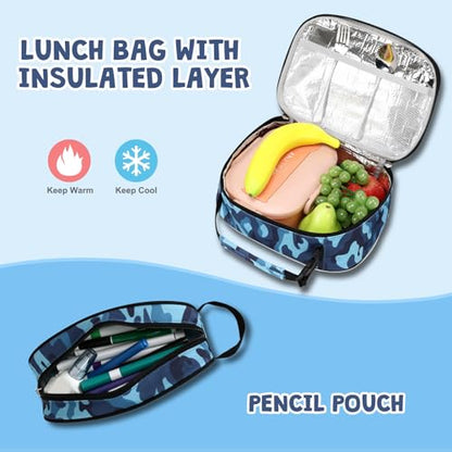ACESAK 3PCS Camo Backpack for Boys with Lunch Box Pencil Case - color: Camo Blue