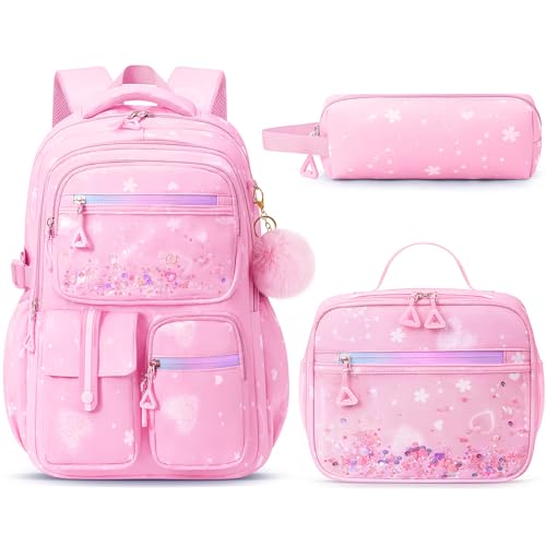 Fimibuke Backpack for Girls, 3 PCS Bookbag Set with Lunch Box & Pencil Case - color: Pink