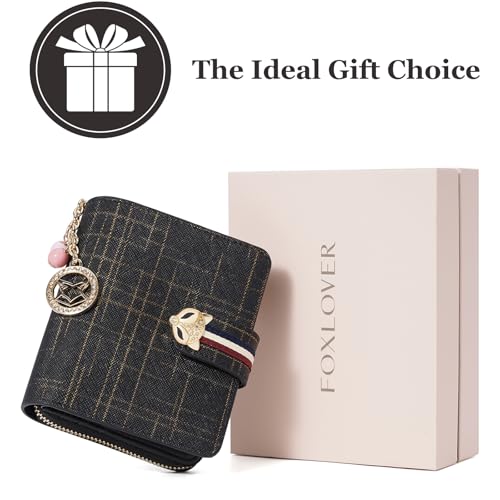 FOXLOVER Genuine Leather Zip Small Wallet Women RFID Blocking Credit Card Bifold Wallet Business Card Holder with ID Window(Black) - color: 03-Black