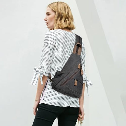 KL928 Canvas Sling Bag Small Crossbody Purse Casual Backpack for Men Women - color: Medium-black