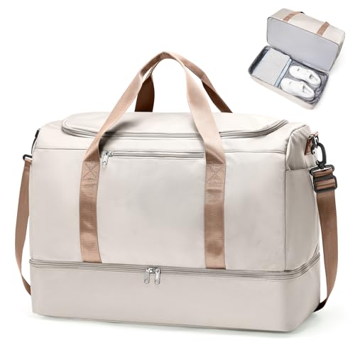 Travel Duffle Bag with Shoes Compartment,Carry-On Weekender Bags for Women - color: Beige & Brown, size: Large