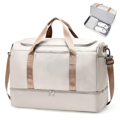 Travel Duffle Bag with Shoes Compartment,Carry-On Weekender Bags for Women - color: Beige & Brown, size: Large
