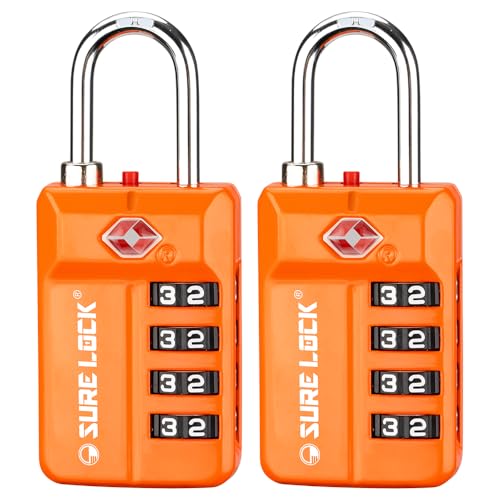 SURE LOCK TSA Approved 4-Digit Resettable Combination Luggage Locks with Open Alert, Easy-Read Dials - for Luggage, School Lockers, Gym, Office, Toolbox & Security Cases (Orange 2 Pack) - color: ORANGE 2PACK