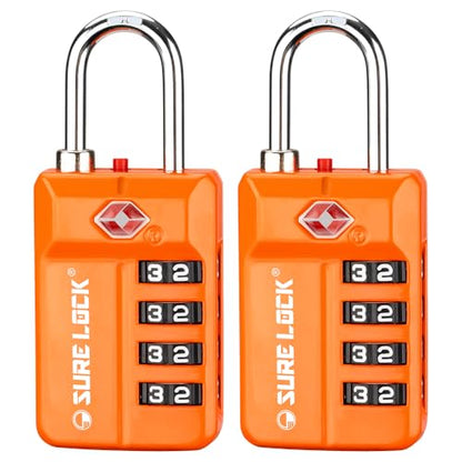 SURE LOCK TSA Approved 4-Digit Resettable Combination Luggage Locks with Open Alert, Easy-Read Dials - for Luggage, School Lockers, Gym, Office, Toolbox & Security Cases (Orange 2 Pack) - color: ORANGE 2PACK