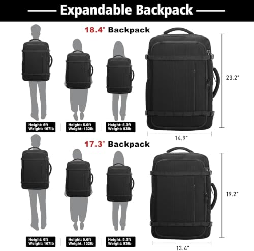 Travel Backpack with LifetimeWarranty,Expandable Carry on Backpack,Black - color: Black, size: 17.3inch - 19.2"x13.4"x7.9"(+2.7")