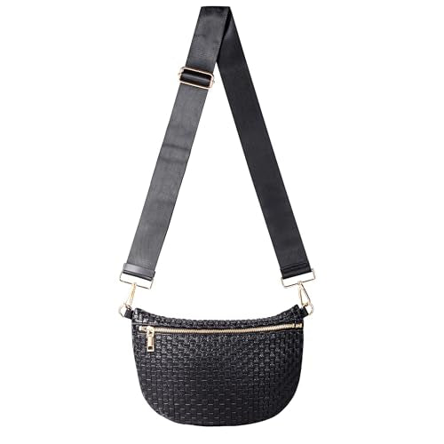 Woven Crossbody Bag for Women, Checkered PU Bum Bag Sling Purse with Adjustable Strap for Travel, Festivals - color: Black